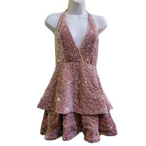 Mauve Short Sequin Dress with V-Neck Tie Halter